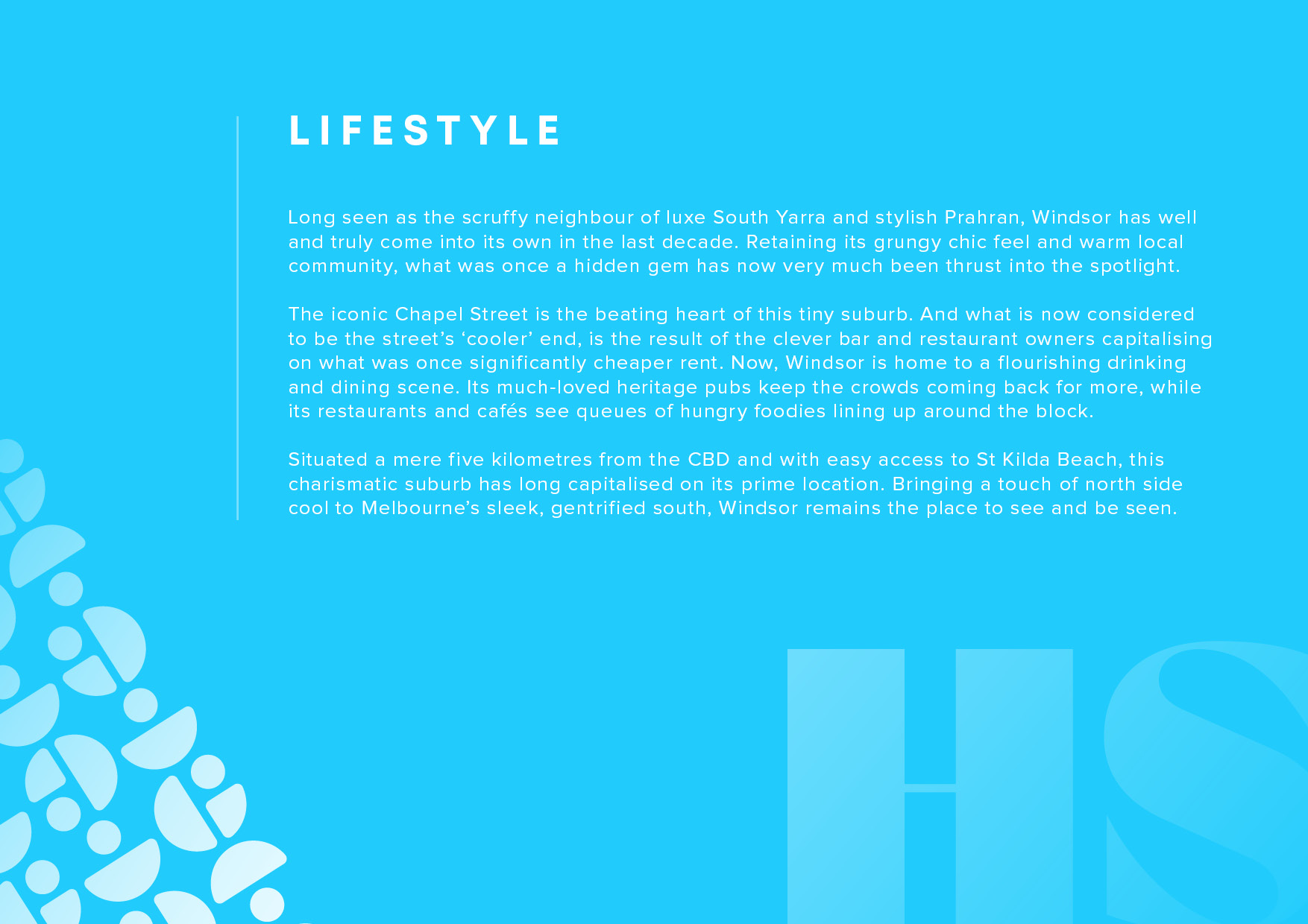 Blue hero panel with large 'LIFESTYLE' heading and descriptive paragraph about Windsor's chic, local vibe, Chapel Street, and easy access to St Kilda Beach.