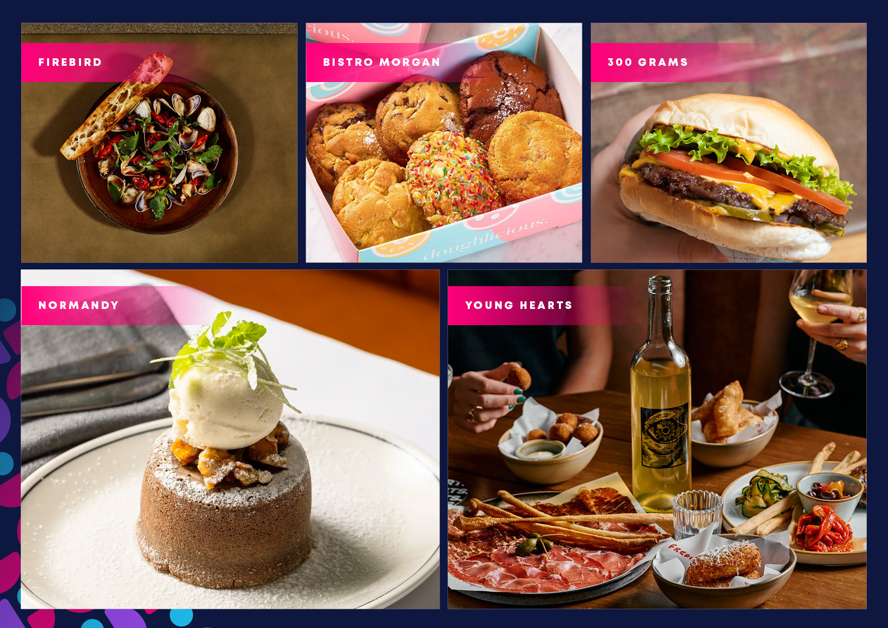 Six-photo grid on a dark blue background, each with a pink brand ribbon: Firebird seafood dish, Bistro Morgan donuts, a 300-gram burger, Normandy dessert, and a Young Hearts wine and snacks scene.