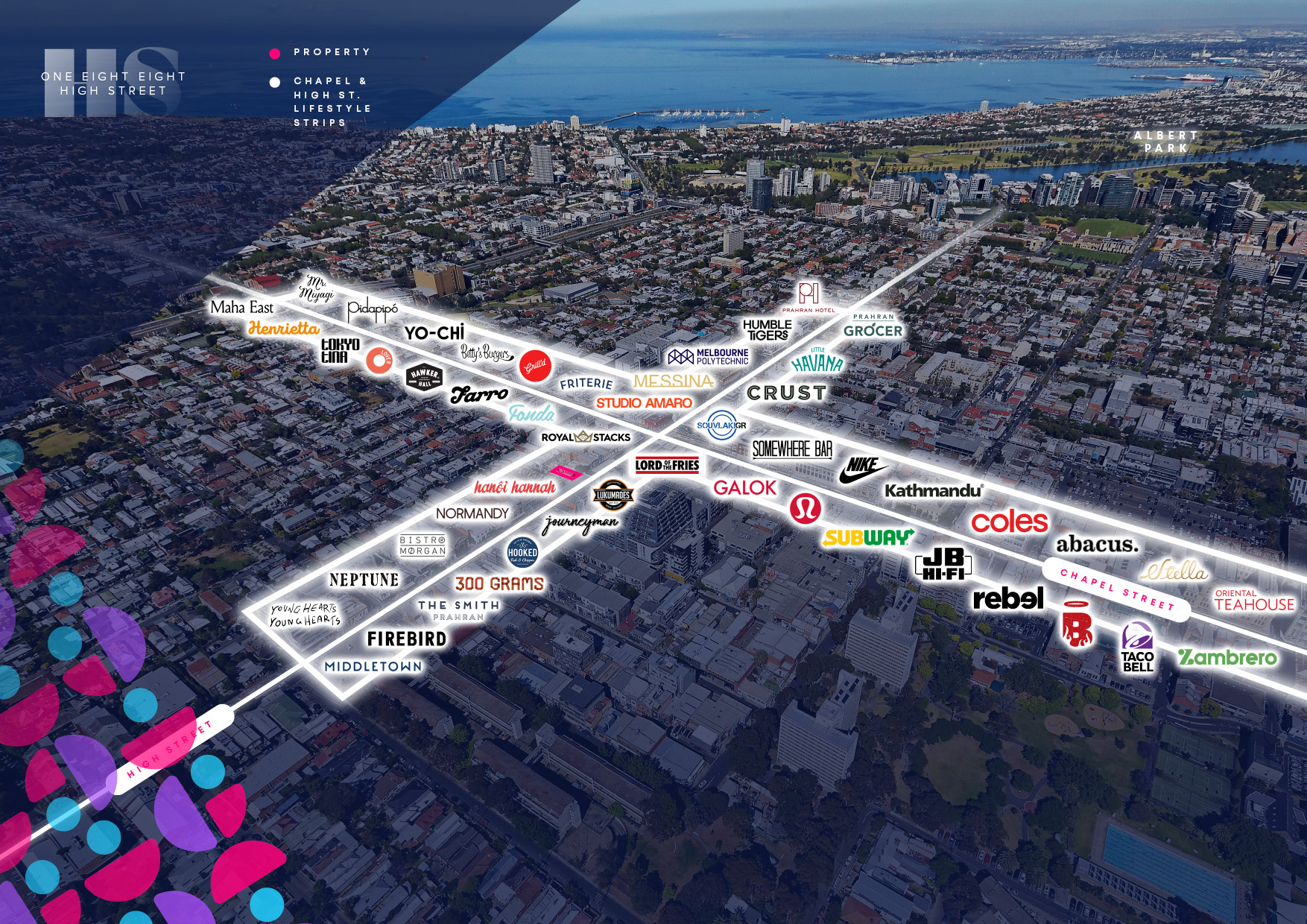 Aerial map of a coastal city showing a diagonal shopping district with many brand logos along highlighted streets.