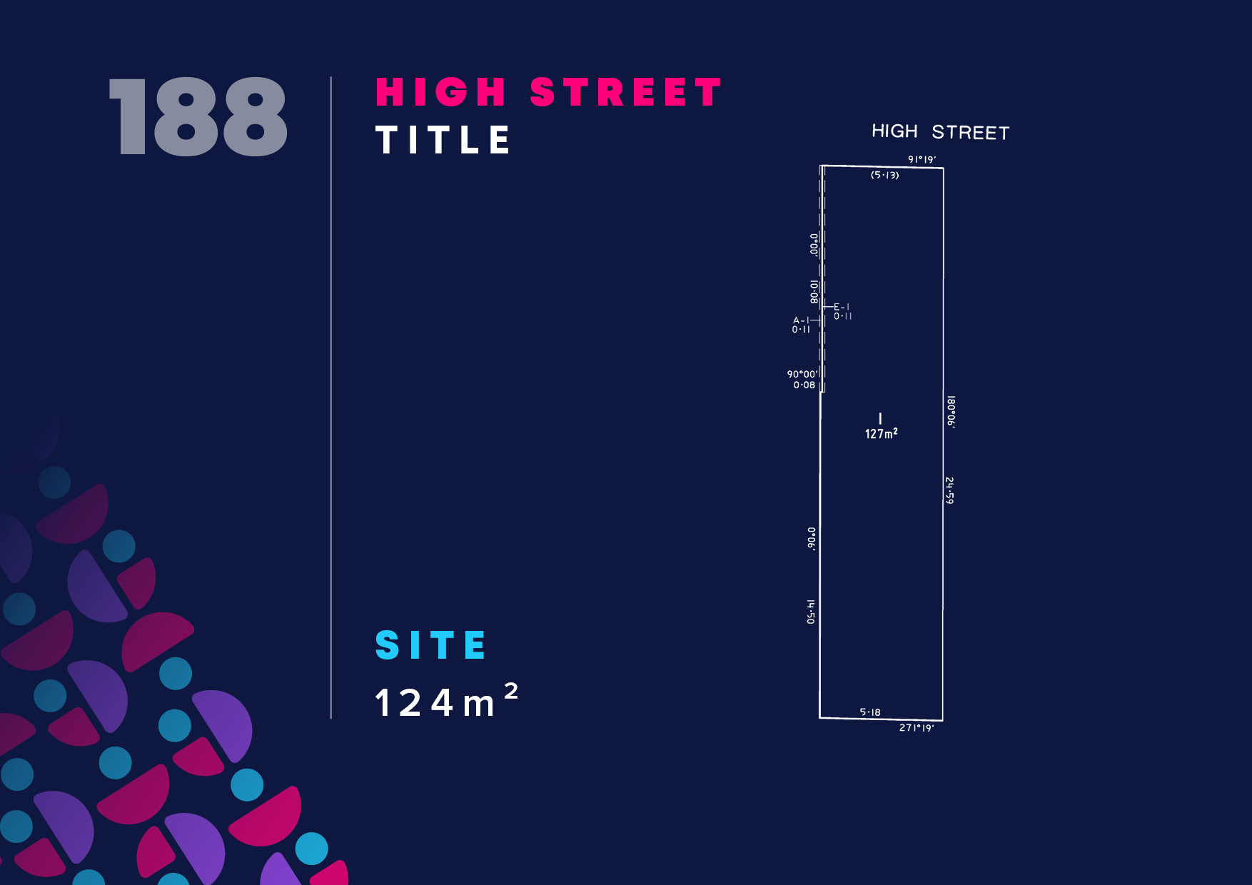 Blue poster with large gray '188' on the left and a vertical site plan on the right labeled HIGH STREET, SITE 124 m².