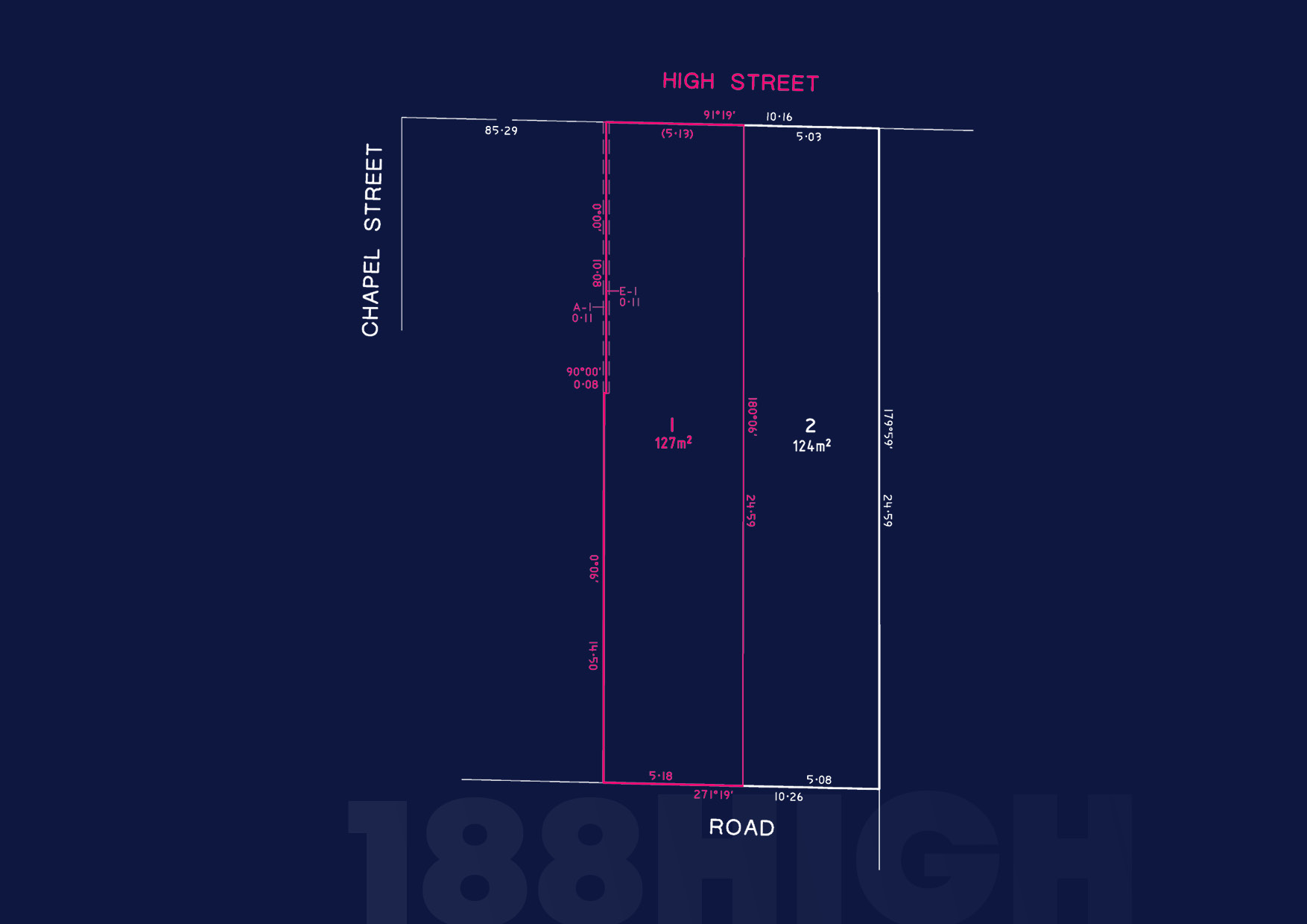 Cadastral site plan showing High Street and Chapel Street blocks with pink boundary outlines, dimensions along the roads, and two lots labeled 127 m² and 124 m². Road at bottom, dark blue background, with measurement details in pink.