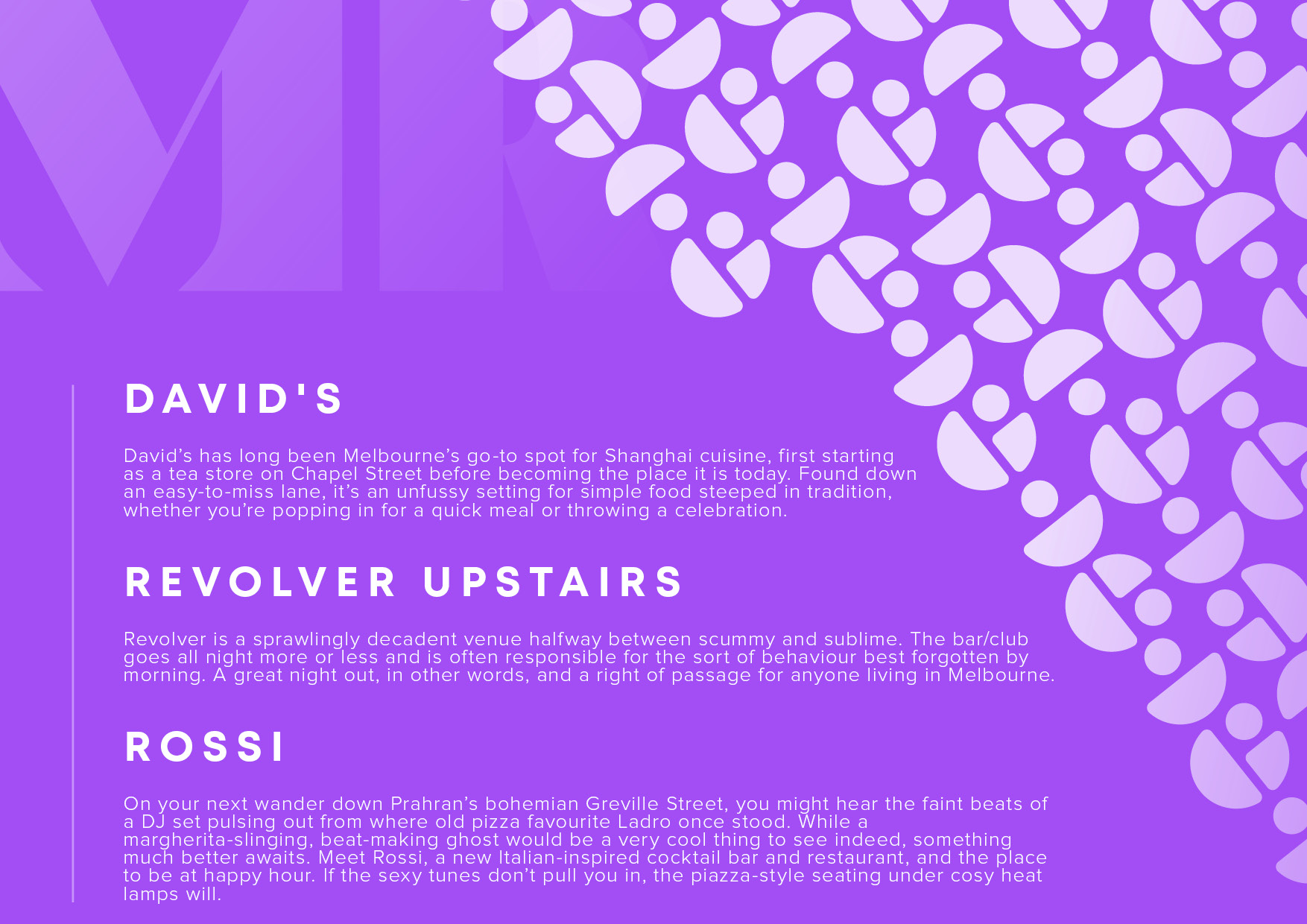 Purple hero section with white headings 'DAVID'S' and 'REVOLVER UPSTAIRS' and venue descriptions on the left, decorative circular pattern on the right.