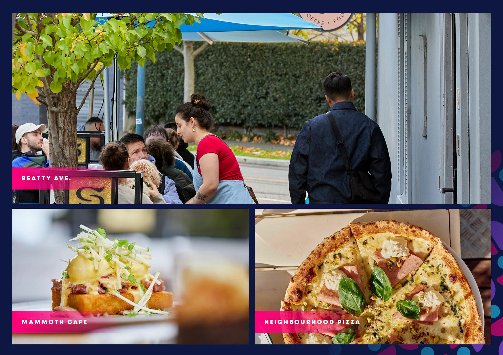 Outdoor cafe scene with customers seated along a sidewalk under a blue canopy; a server in a red shirt leans toward patrons, a man with a backpack stands by a storefront, and a pink Beatty Ave banner is visible.