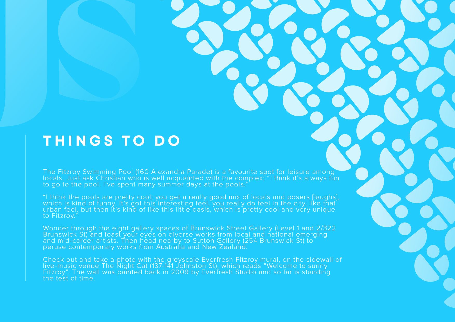 Bright blue poster with decorative light-blue shapes on the right and the heading 'THINGS TO DO' followed by justificatory text about Fitzroy Swimming Pool.