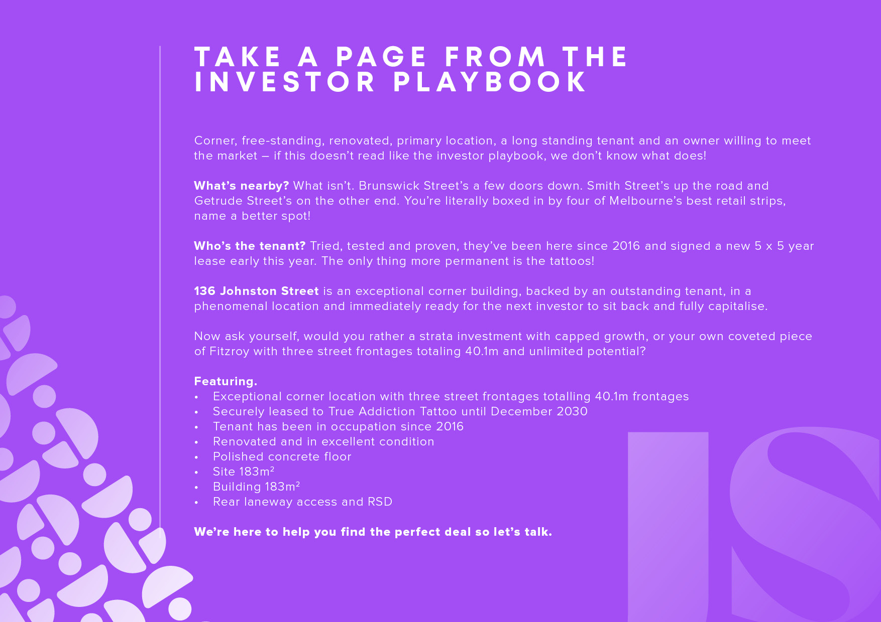Purple marketing page with bold heading 'Take a Page from the Investor Playbook' and several descriptive paragraphs about a property deal.