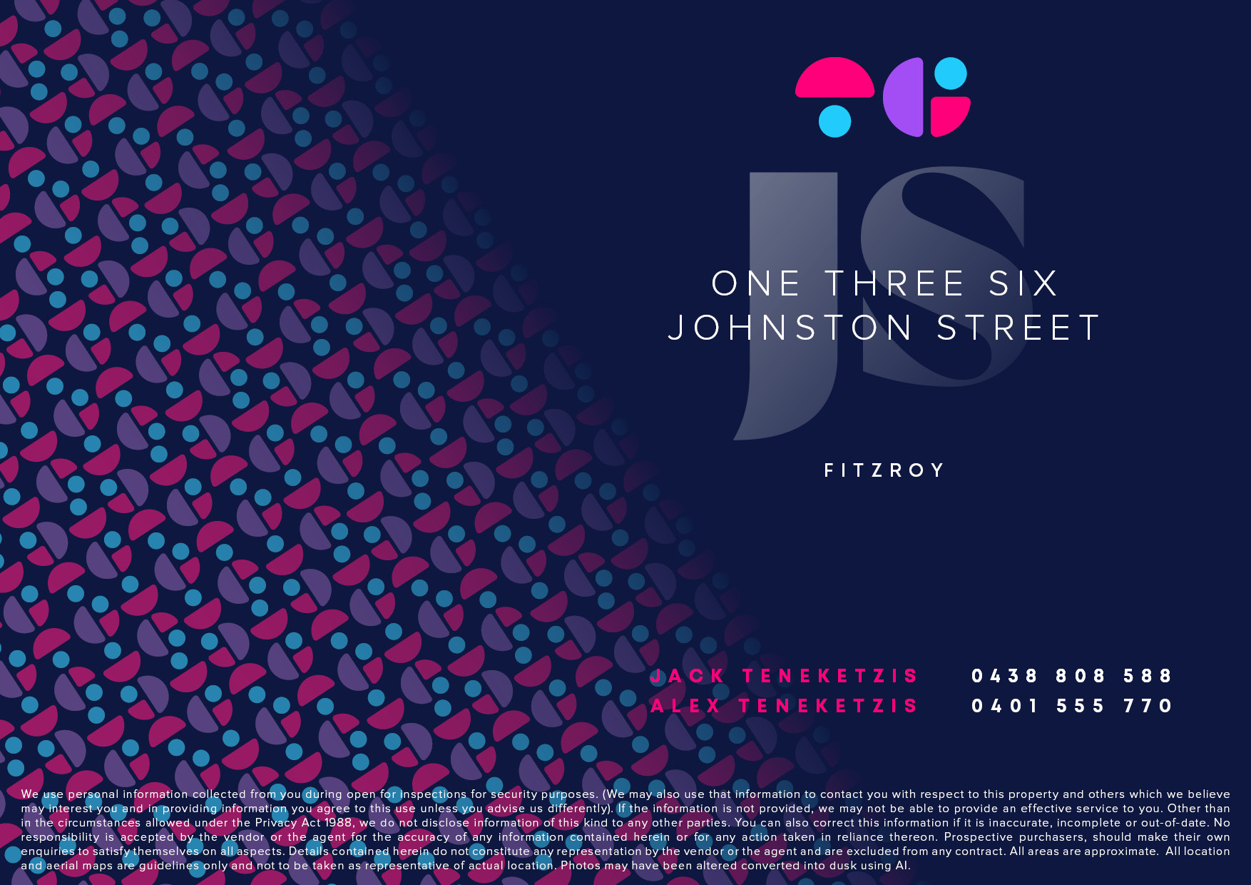 Property listing cover: navy background with large JS monogram, address 'One Three Six Johnston Street, Fitzroy' and agent names with contact info on the right; decorative left pattern in pink, purple, teal.